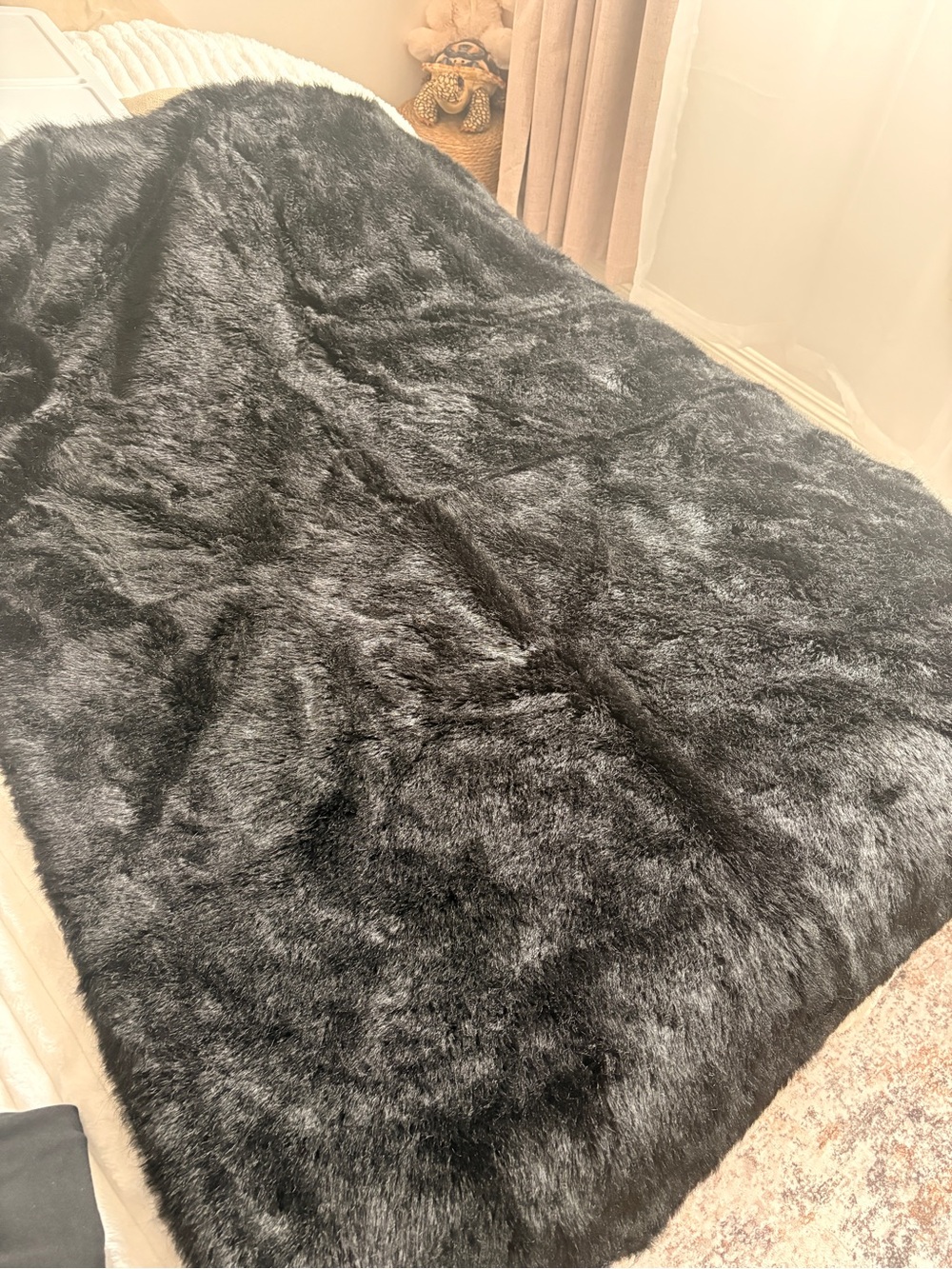 100% Restoration Hardware Black Fur Faux Throw Blanket 50x60